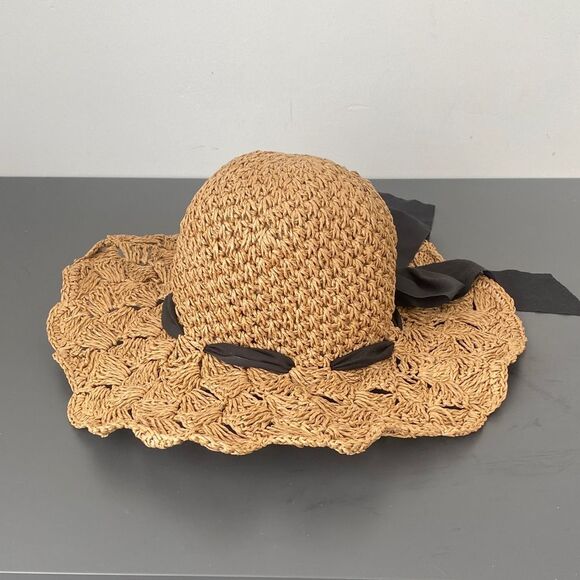 Straw Crochet Sun Hat w/ Removable Black Ribbon Vacation Beach Preppy Cottage main image 4